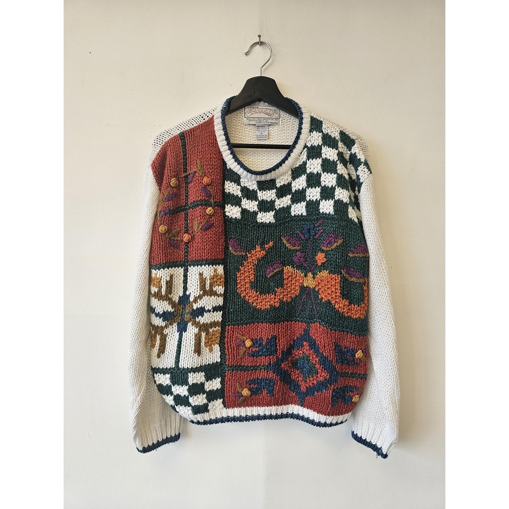 Vintage Nuggets‎ Sweater Mens Medium Multicolor Patchwork Knit Embroidered 90s